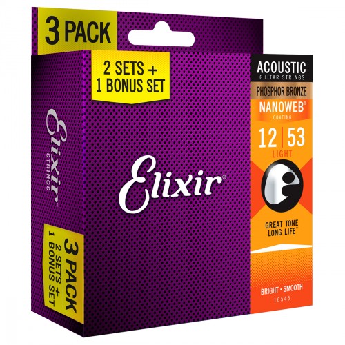 ELIXIR 16545 FOLK NANOWEB PHOSPHOR BRONZE L 12-53 PACK DE 3 JEUX