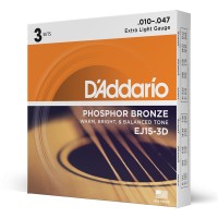 D'ADDARIO EJ15-3D PHOSPHOR BRONZE EXTRA LIGHT 10/47 PACK DE 3 JEUX