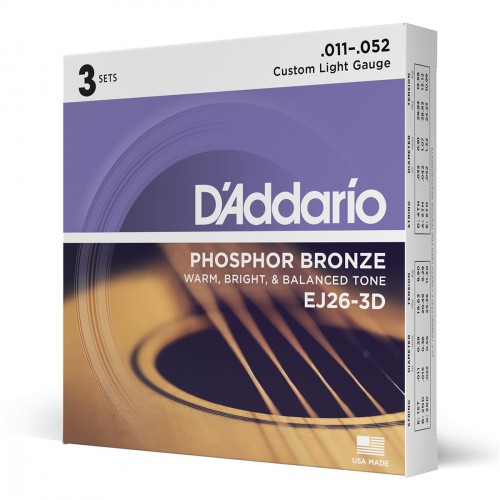 D'ADDARIO EJ26-3D PHOSPHOR BRONZE CUSTOM LIGHT 11/52 PACK DE 3 JEUX